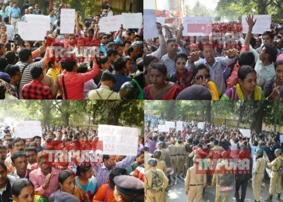 CPI-Mâ€™s Corruption Offsping â€˜10323â€™  turning heavy upon CPI-M  : Terminated 10323 teachers come in mass protest demanding 'Validation Act' : Tight security across Secretariat to control vexed teachers 